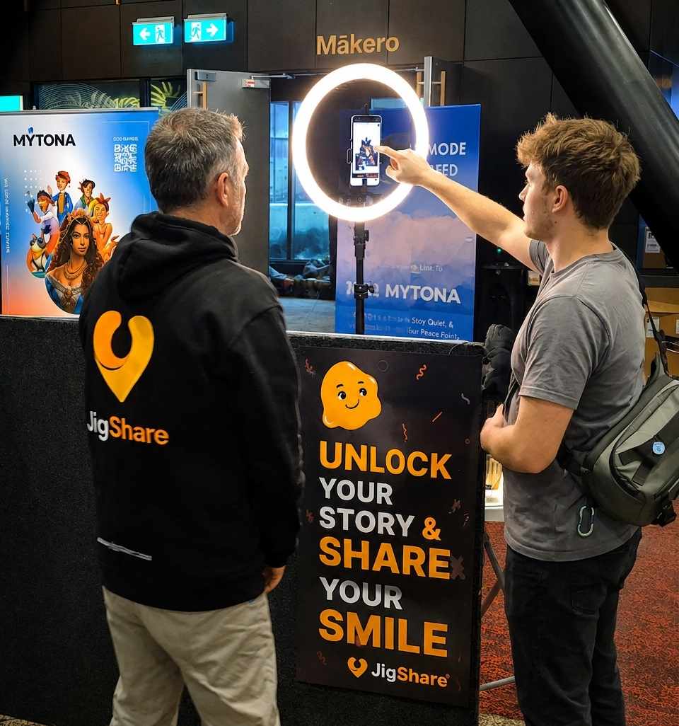 Guest using the JigShare capture station with ring light and branded signage