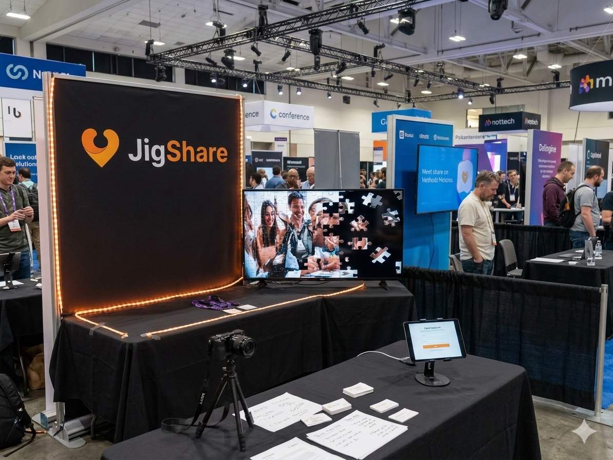 JigShare branded booth with display screen and capture station at a conference