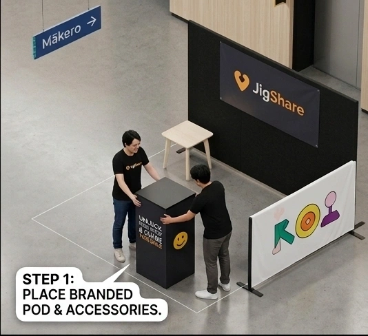 The branded JigShare pod and accessories placed on the floor