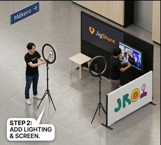 Ring lights and the display screen added to the booth