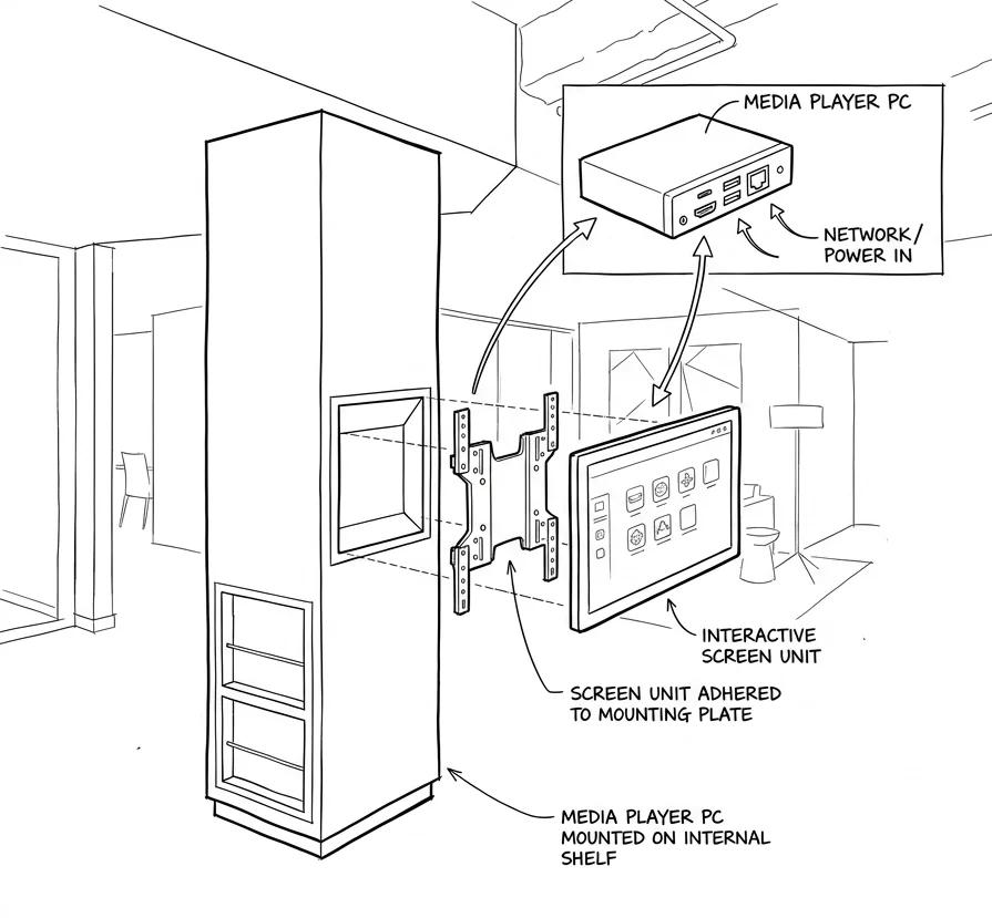 Diagram of screen, mounting plate, and media PC inside a station column